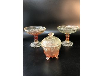 2 Pale Amberina Pressed Glass Compotes/ Jeanette Candy Dish