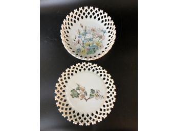 2 Reticulated Milk Glass Bowls With Painted Flowers
