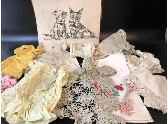 Assorted Needlework, Linens, Doll Clothing