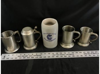 4 Pewter Mugs/tankards And German Stein, Kings Tankard, Glass Bottom, See Pics