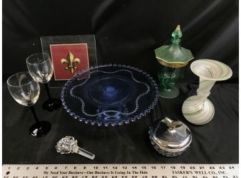 Glass Lot, Blue Beaded Cake Pedestal, Black Stemmed Wine Glasses, Crystal Rose Topper, Vases, See Pics