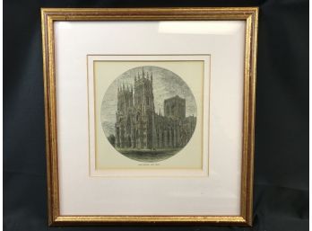 Hand Colored Antique Print, York Minster, West Front, Approximately 12 1/2 X 13