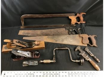 Antique Tools-union 26 & Stanley 12-204 & Small Block Plane, 1890s PS&W Drill Brace, 1800s Wrenches, 3 Saws
