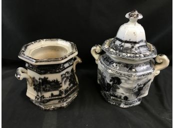2 Black Transferware Ginger Jars, One With Lid