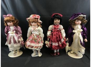4 Porcelain Dolls, With 4 Stands, Boxes, Dust Covers, Approximately 16 Inches Tall
