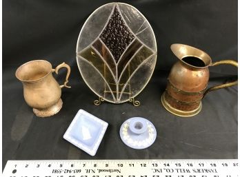 Assorted Lot, Copper Pitcher Wedgewood Candle Holder And Small Tray,