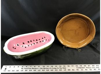Ceramic Watermelon Bowl And Brown Stoneware Pie Plate