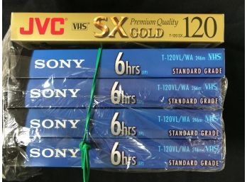 5 Blank VHS Tapes, Unused, One Still Sealed