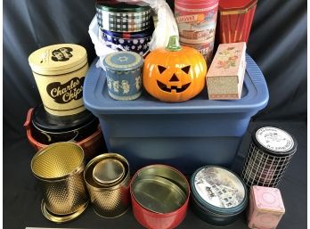 Blue Tote Filled With Tin Containers, Ceramic Pumpkin, Basket, See Pics