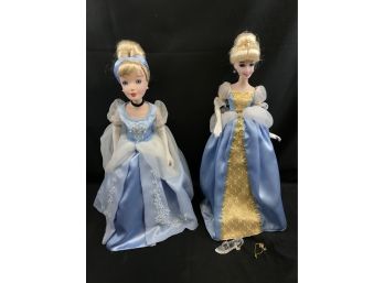 2 Disney Cinderella Porcelain Dolls, Which Stands And Dust Covers, Box, 16 Inches Tall