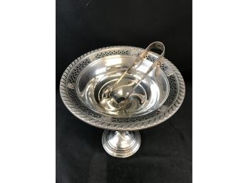 Gruen Sterling Silver Compote Weighted Bottom, Sterling Silver Tongs R. Wallace And Sons Wallingford, CT