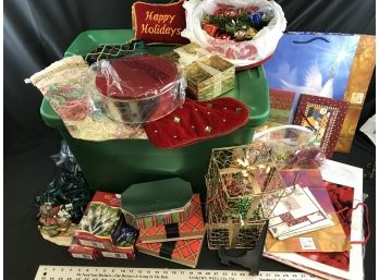 Green Tote Filled With Christmas Holiday Items, See Pics