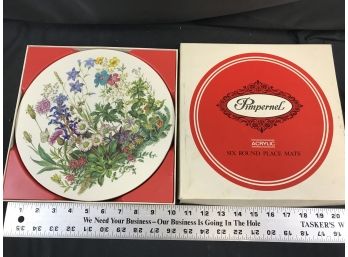 Pimpernel 10' Round Placemats Meadow Flowers Cork Back Set Of 6 Original Box, Made In UK