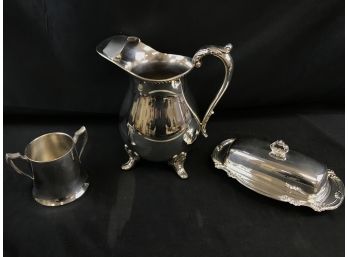 Silver Plate Lot, Water Pitcher With Ice Lip, Two Handled Cup, Butter Dish With Glass Insert