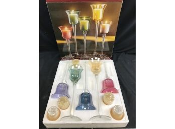 Set A Five Luster Glass Tulip Candleholders Sizes 8 -12 Inches, New