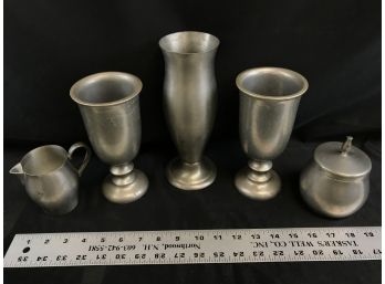 5 Pewter Items, 2 Chalice Made In Usa , International Vase, Creamer And Sugar With Lid