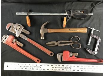 Assorted Tools - 3 Pipe Wrenches, Jorgensen Clap, Metal Snips, Hammer, C Clamp