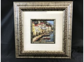 Framed Picture, Old Town Waterfront Scene, Approximate Size 14 X 14
