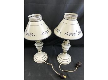 2 White And Blue Trim Toll Lamps  14 Inches Tall, Works