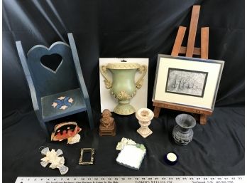 Miniature Wood Chair, Easel, Picture, Reuge Music Box, Stone Vase, See Pics