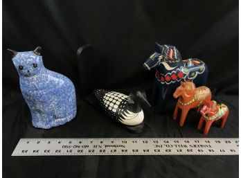 Ceramic Cat Bank, Loon Book End, Three Painted Carved Swedish Horses
