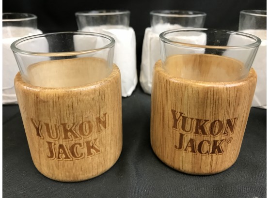 Set Of 8 New Yukon Jack Shot Glass With Wood Holders