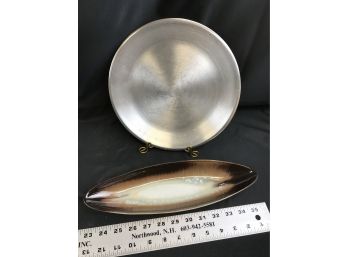 10 1/2 Inch Light Metal Serving Plate, Brown Hand Crafted Peter Pot Stoneware Serving Dish