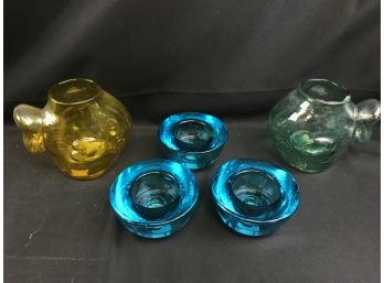 3 Blue Glass Candlestick Holders And Two Fish Glass Vases