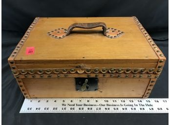 Old Wood Box With Leather Handle And Detailing