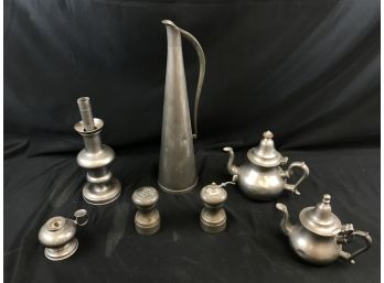 Lot Of Pewter Items, Tall Pitcher From Norway, , Candle Holder,, Salt And Pepper