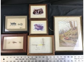 6 Small Pictures, Some Signed, Hand-drawn, Numbered, Shadowbox Flies