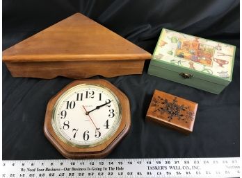 Wood Corner Shelf, Two Wood Boxes, Wood Clock