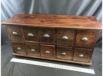 Vintage Low Wood Cabinet With 10 Drawers, Approximate Size 35 Inches Long By 18 Inches High And 12 Inches Deep