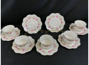 5 Delicate Rose Cups And Seven Saucers, Some Chips