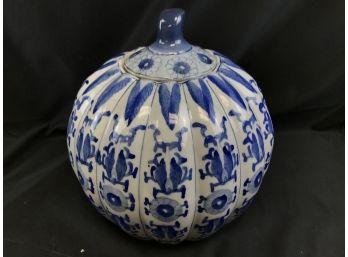 Large Blue And White Pumpkin Jar With Lid, 10 Inch