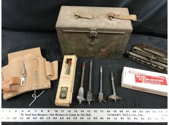 Assorted Tools, Leather Toolbelt, Military Ammo Box, Irwin & Russell Jennings Boring Bits, Wrench & Screwdrive