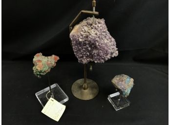 Rock Specimens With Holders, Malachite, Amethyst, And Unknown Specimen