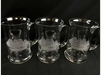 3 Thin Glass Beer Steins With Four Masted Square Rigger Ship Design