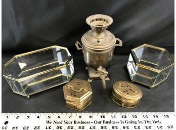 Brass Samovar Candle Holder, Two Brass Boxes, Two Gold Rimmed Beveled Glass Showbcxes