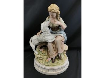 Antique Large  Porcelain Statue, Woman With Dog, 7657, See Pics, 13.5 Inches Tall