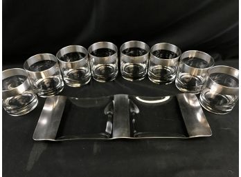 Set Of Eight Glass Silver Rimmed Tumblers And Glass Silver Lined Tray