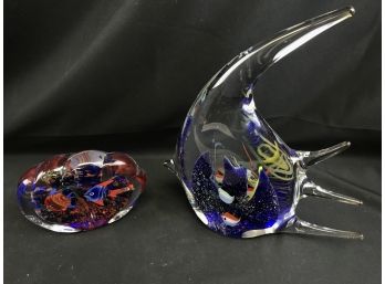 2 Heavy Glass Decorative Fish, Large One Is 9 Inches Tall