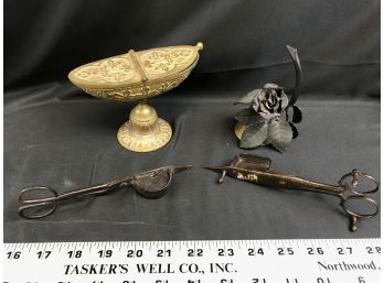 Brass Rose Bell And Holder, 2 Specialty Antique Scissors