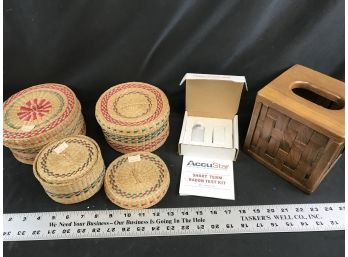 4 Nesting Chinese Wicker Baskets, Wood Tissue Holder, Radon Test Kit, Unknown Is Still Good