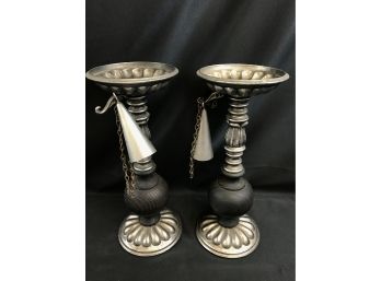 2 Large 10 Inch Silver And Wood Mexican Candlesticks With Snuffer