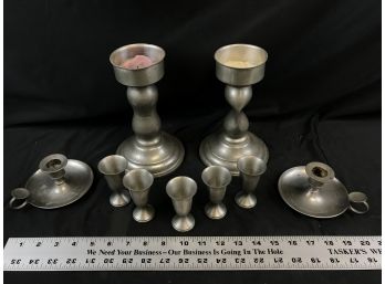 Pewter Lot, Candle Holders And Five Miniature Cups, Queen Art PewterQueen Art Pewter, Brooklyn New York