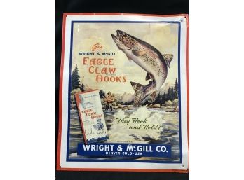 Vintage Eagle Claw Fishing Hooks, Wright And McGill, Metal Advertising Sign, AAA Sign Company, 12 X 15 Inches