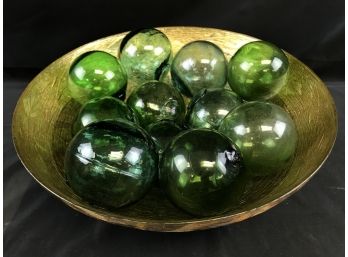 Gold Colored Glass Bowl With 11 Hand Blown Green Glass Balls