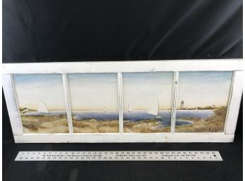 Beach Scene Picture Through 4 Pane Wood  Window, 40 Inches Long