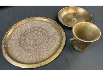 3 Brass Items Large Tray/ Holder/2 Handled Cup
